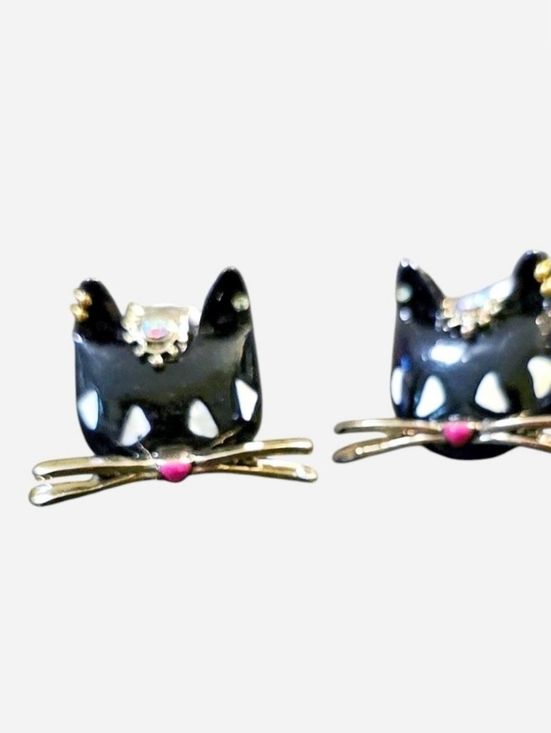 Betsey Johnson Jewelry - Vintage Betsey Johnson Black Cat Face Stud Earrings w/Gold Whiskers & Pink Nose